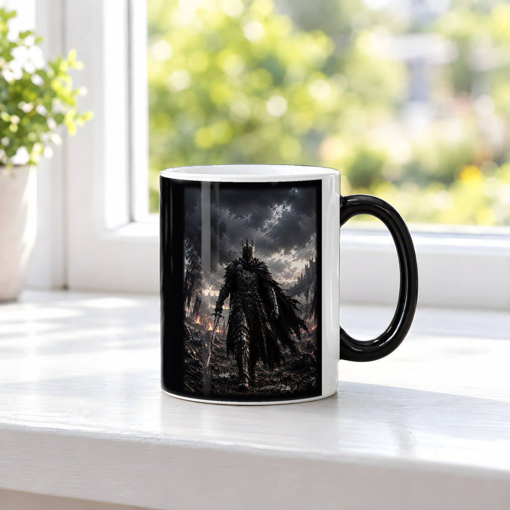 Der König im Regen – Black Edition Zaubertasse mit Motiv (heiß), auf der Fensterbank