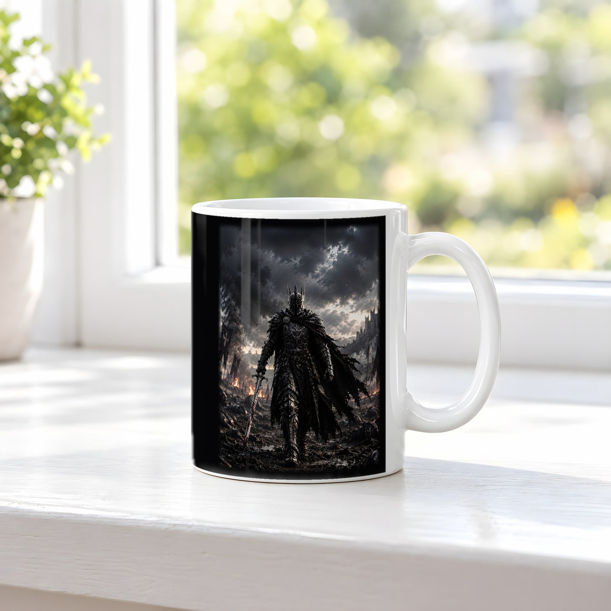 Der König im Regen – weiße Tasse, auf der Fensterbank