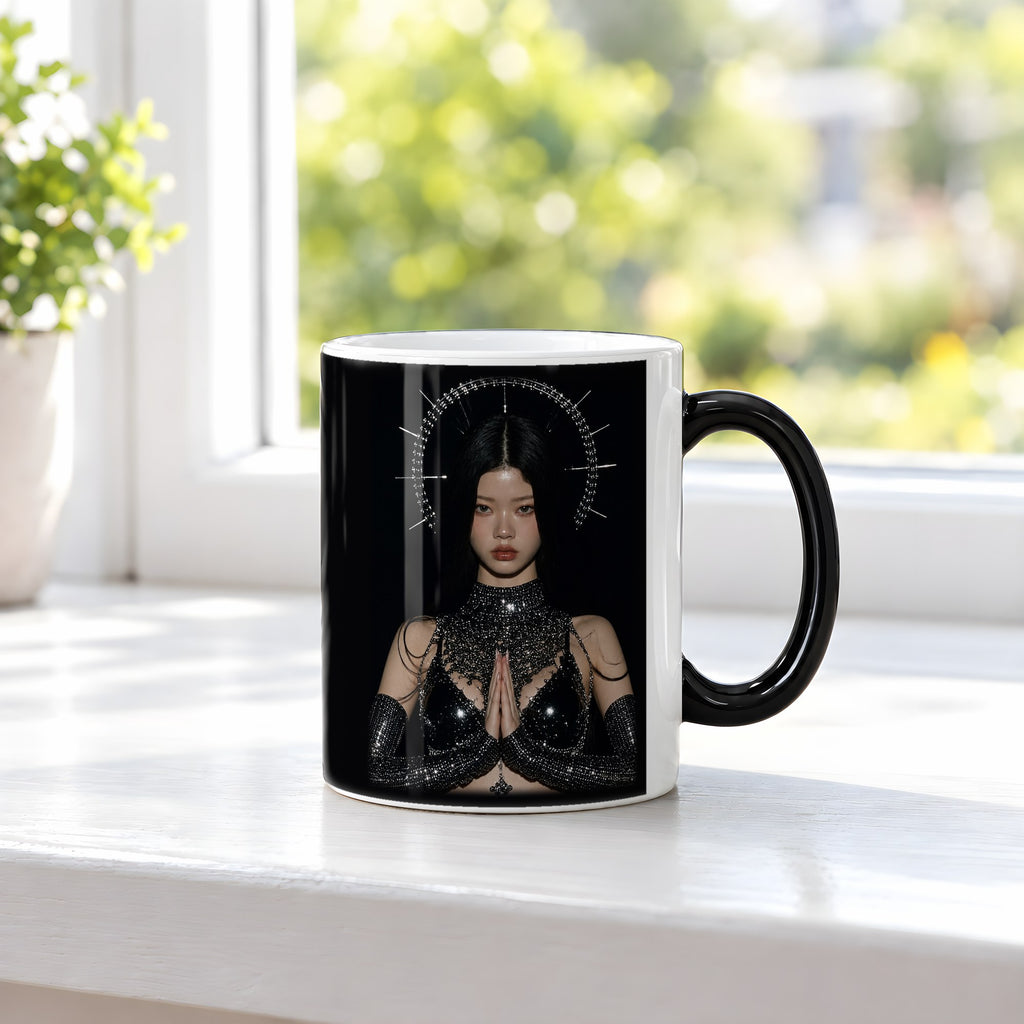 Die Kristallkönigin – Black Edition Zaubertasse mit Motiv (heiß), auf der Fensterbank