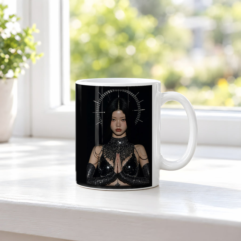 Die Kristallkönigin – weiße Tasse, auf der Fensterbank