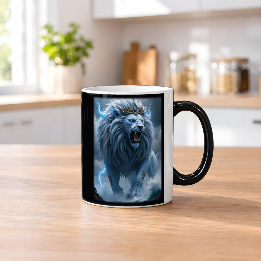 Der Kronenlöwe – Black Edition Zaubertasse mit Motiv (heiß), auf dem Küchentresen