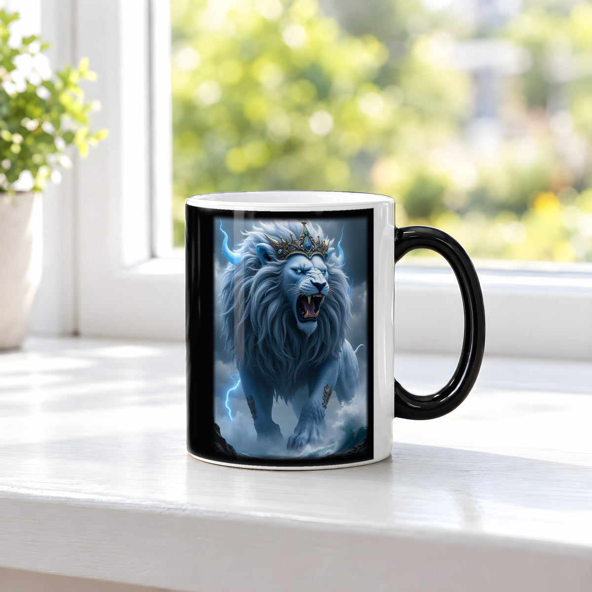 Der Kronenlöwe – Black Edition Zaubertasse mit Motiv (heiß), auf der Fensterbank