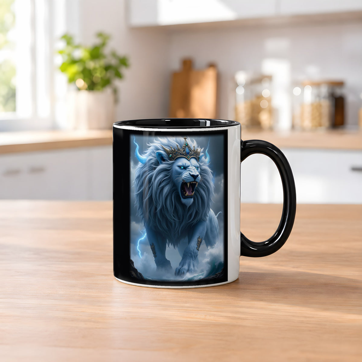 Der Kronenlöwe – Tasse innen schwarz, auf dem Küchentresen