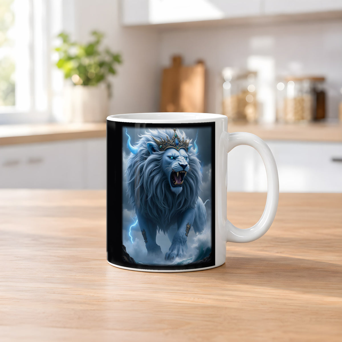 Der Kronenlöwe – weiße Tasse, auf dem Küchentresen