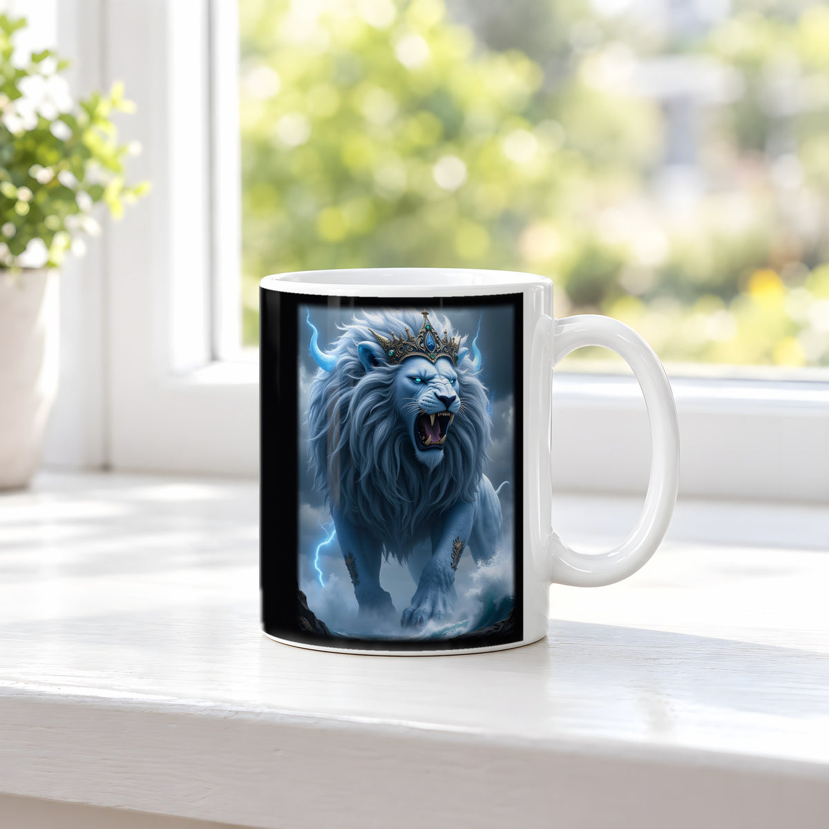 Der Kronenlöwe – weiße Tasse, auf der Fensterbank