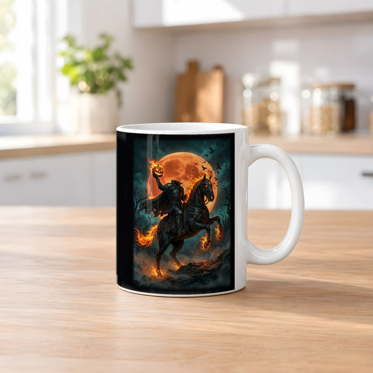 Der kopflose Reiter – weiße Tasse, auf dem Küchentresen
