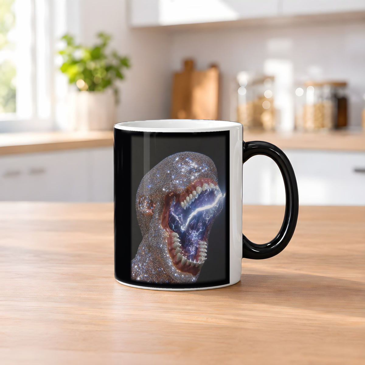 Kristallschrei – Black Edition Zaubertasse mit Motiv (heiß), auf dem Küchentresen