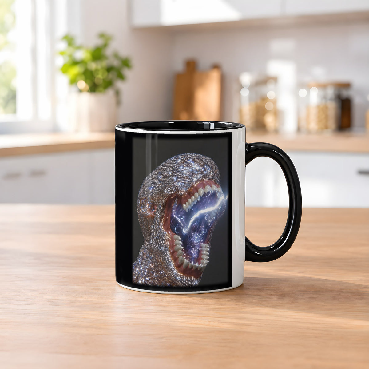 Kristallschrei – Tasse innen schwarz, auf dem Küchentresen