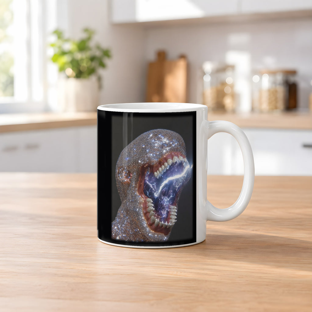 Kristallschrei – weiße Tasse, auf dem Küchentresen
