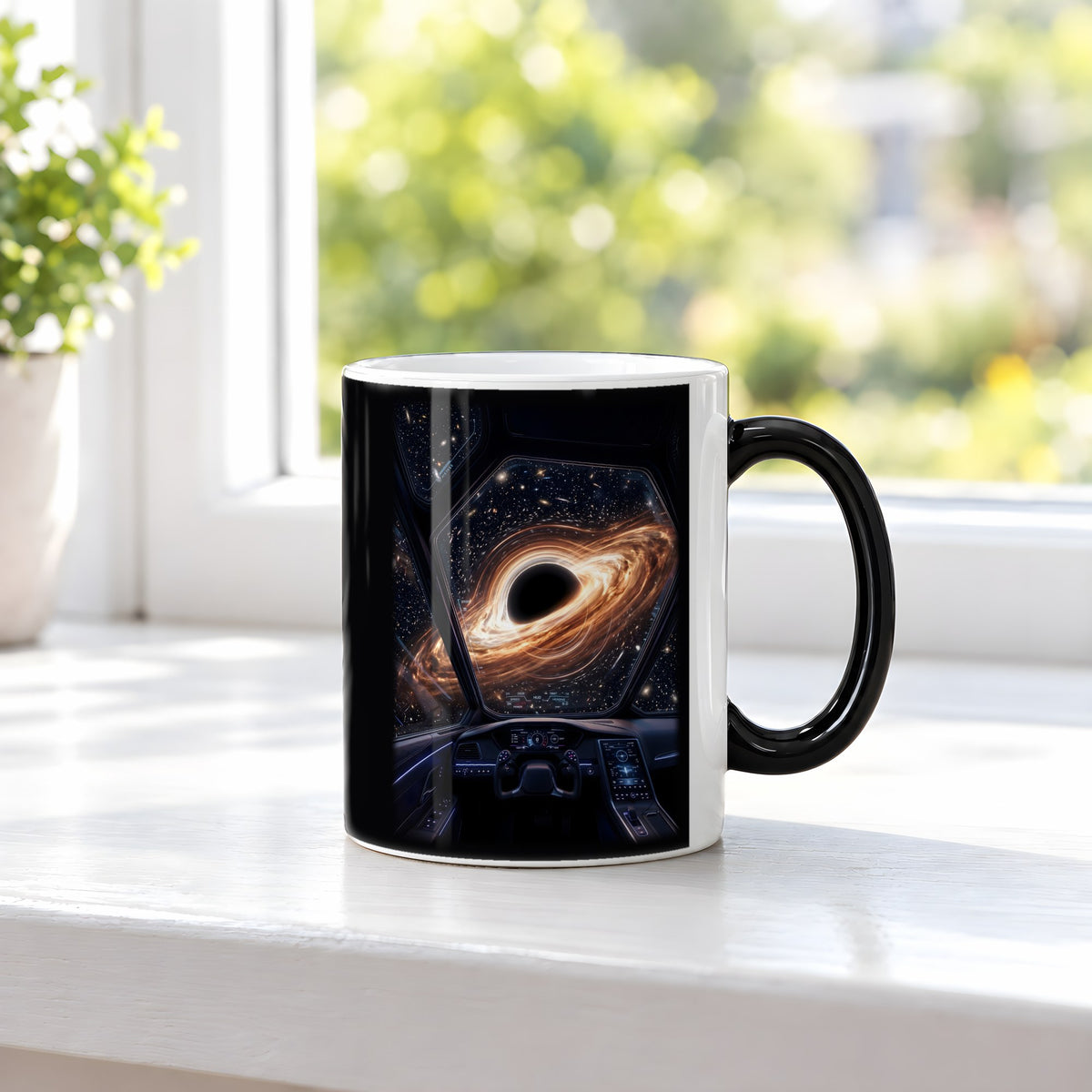Kurs Singularität – Black Edition Zaubertasse mit Motiv (heiß), auf der Fensterbank