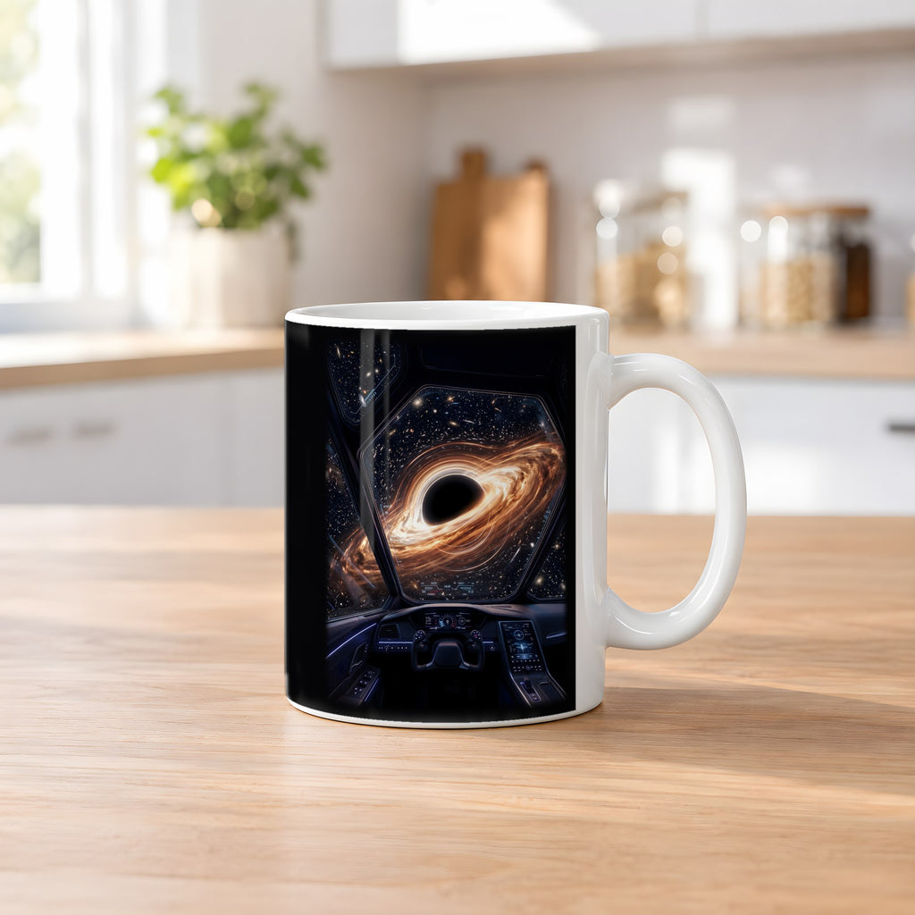 Kurs Singularität – weiße Tasse, auf dem Küchentresen
