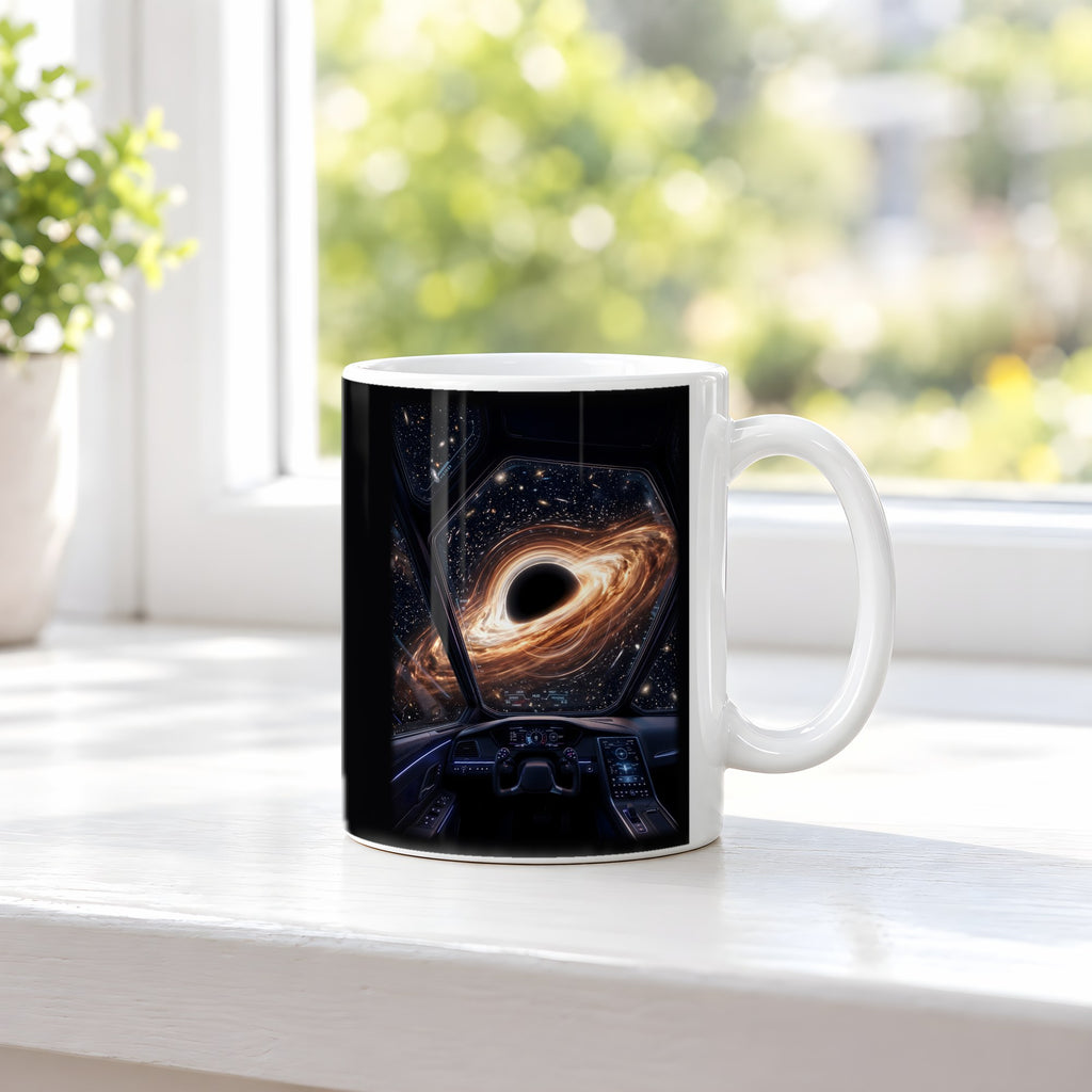 Kurs Singularität – weiße Tasse, auf der Fensterbank