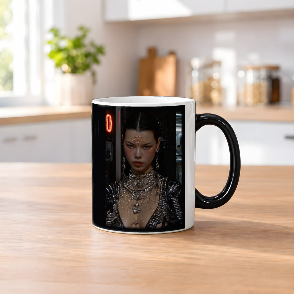 Die Katzenkönigin – Black Edition Zaubertasse mit Motiv (heiß), auf dem Küchentresen