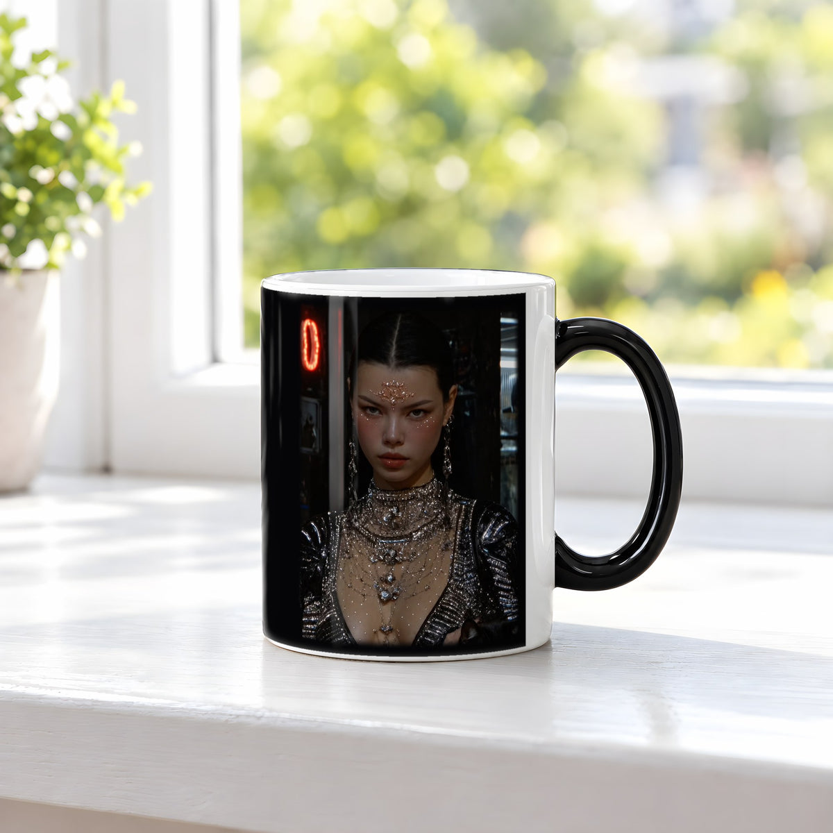 Die Katzenkönigin – Black Edition Zaubertasse mit Motiv (heiß), auf der Fensterbank