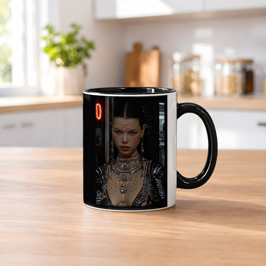 Die Katzenkönigin – Tasse innen schwarz, auf dem Küchentresen