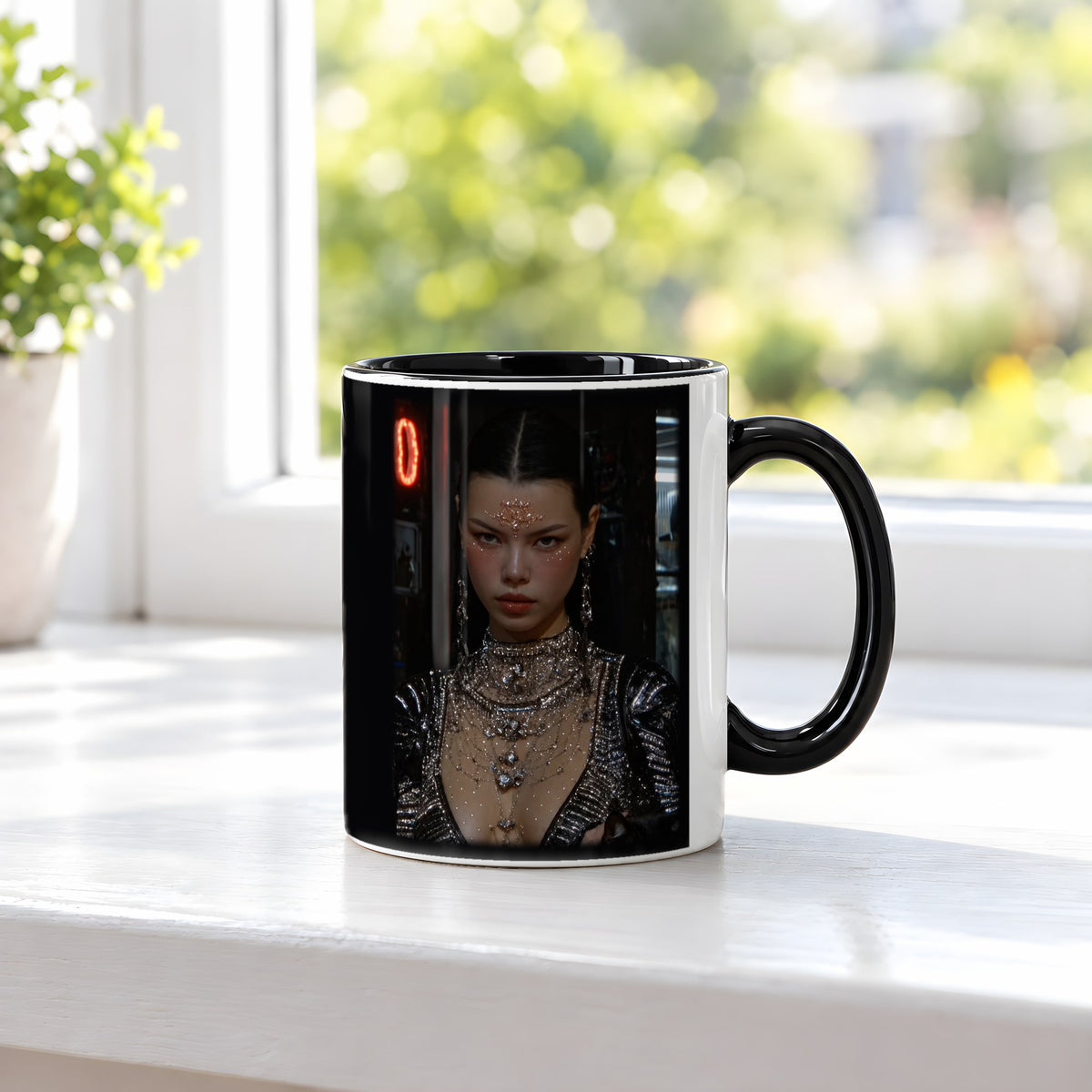 Die Katzenkönigin – Tasse innen schwarz, auf der Fensterbank