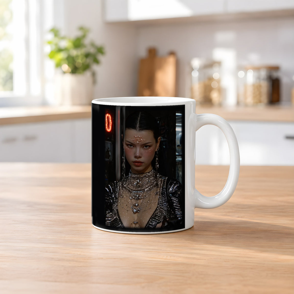 Die Katzenkönigin – weiße Tasse, auf dem Küchentresen