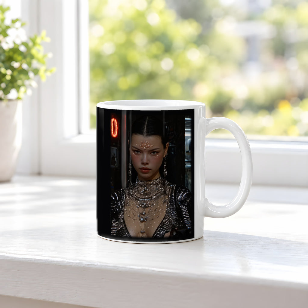 Die Katzenkönigin – weiße Tasse, auf der Fensterbank