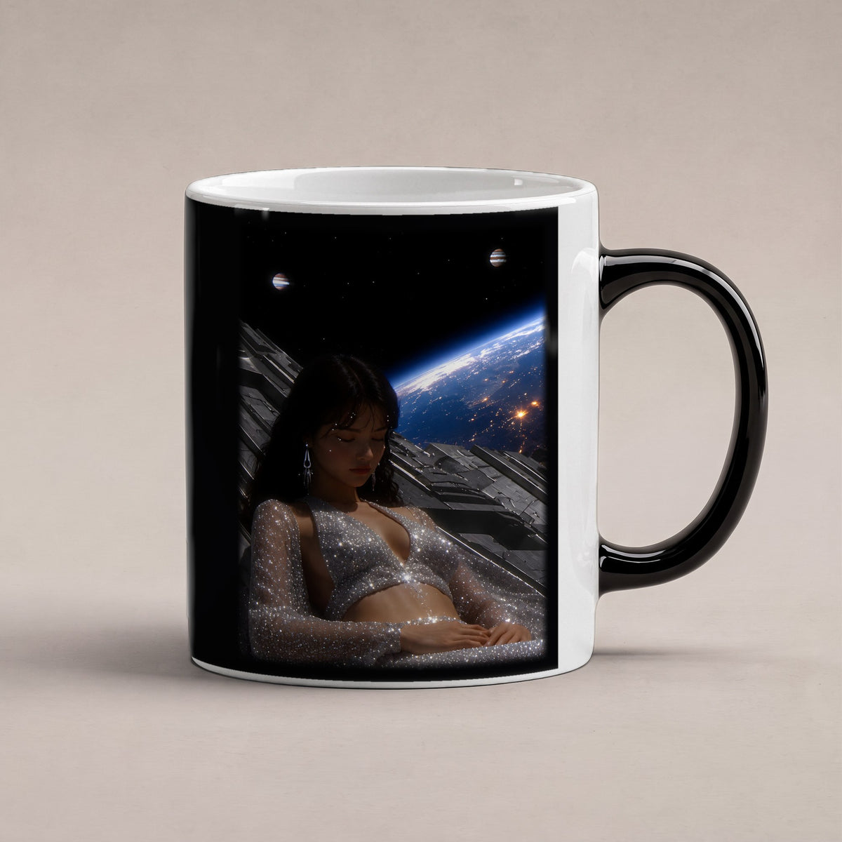 Kosmische Träumerin – Black Edition Zaubertasse mit Motiv (heiß), freigestellt