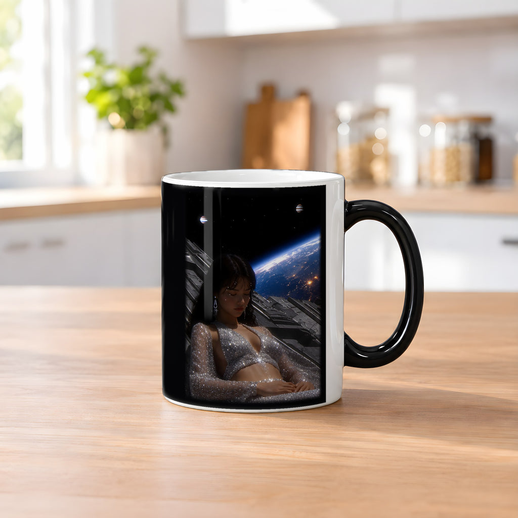 Kosmische Träumerin – Black Edition Zaubertasse mit Motiv (heiß), auf dem Küchentresen