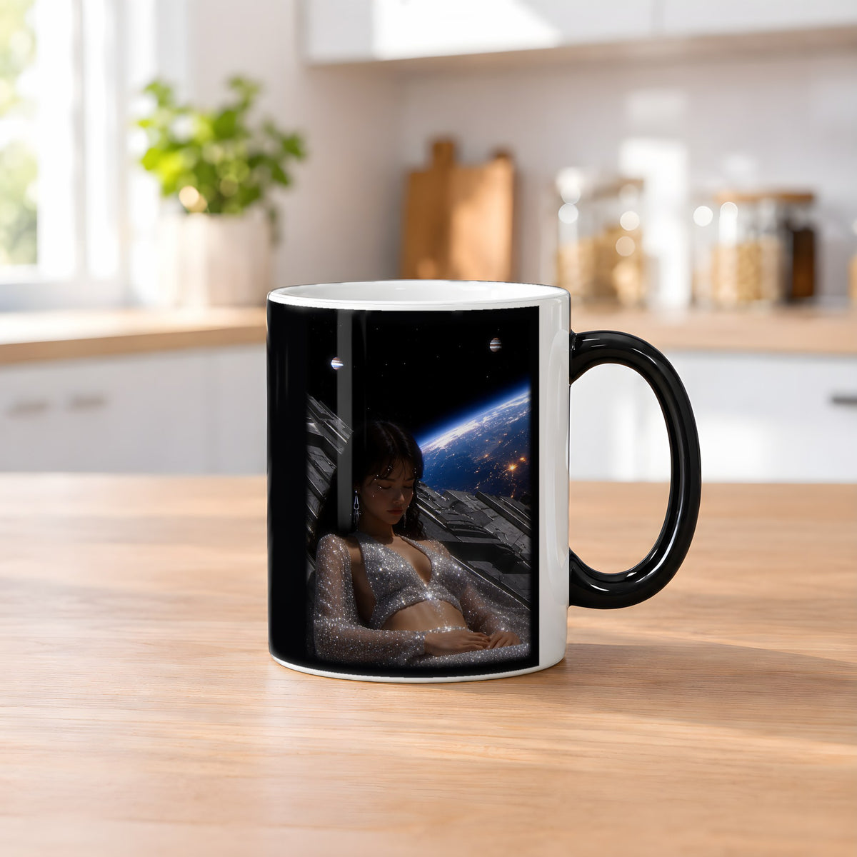 Kosmische Träumerin – Black Edition Zaubertasse mit Motiv (heiß), auf dem Küchentresen
