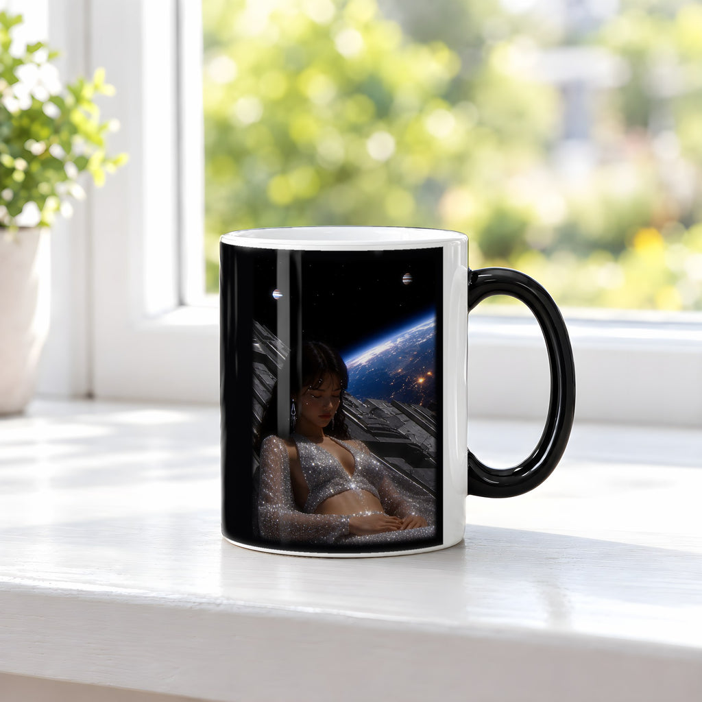 Kosmische Träumerin – Black Edition Zaubertasse mit Motiv (heiß), auf der Fensterbank