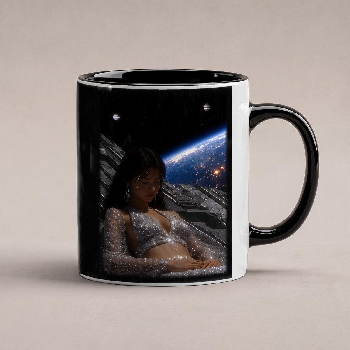Kosmische Träumerin – Tasse innen schwarz, freigestellt
