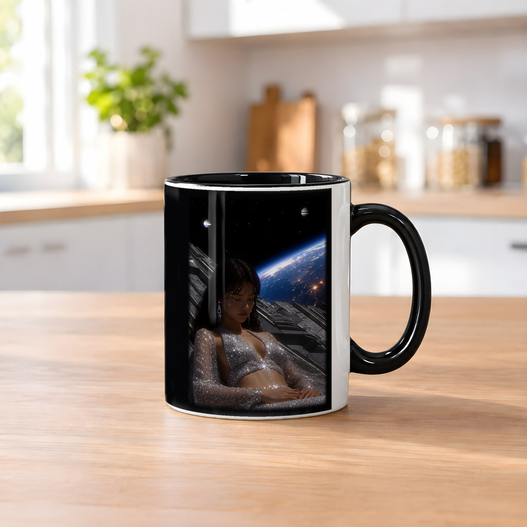 Kosmische Träumerin – Tasse innen schwarz, auf dem Küchentresen