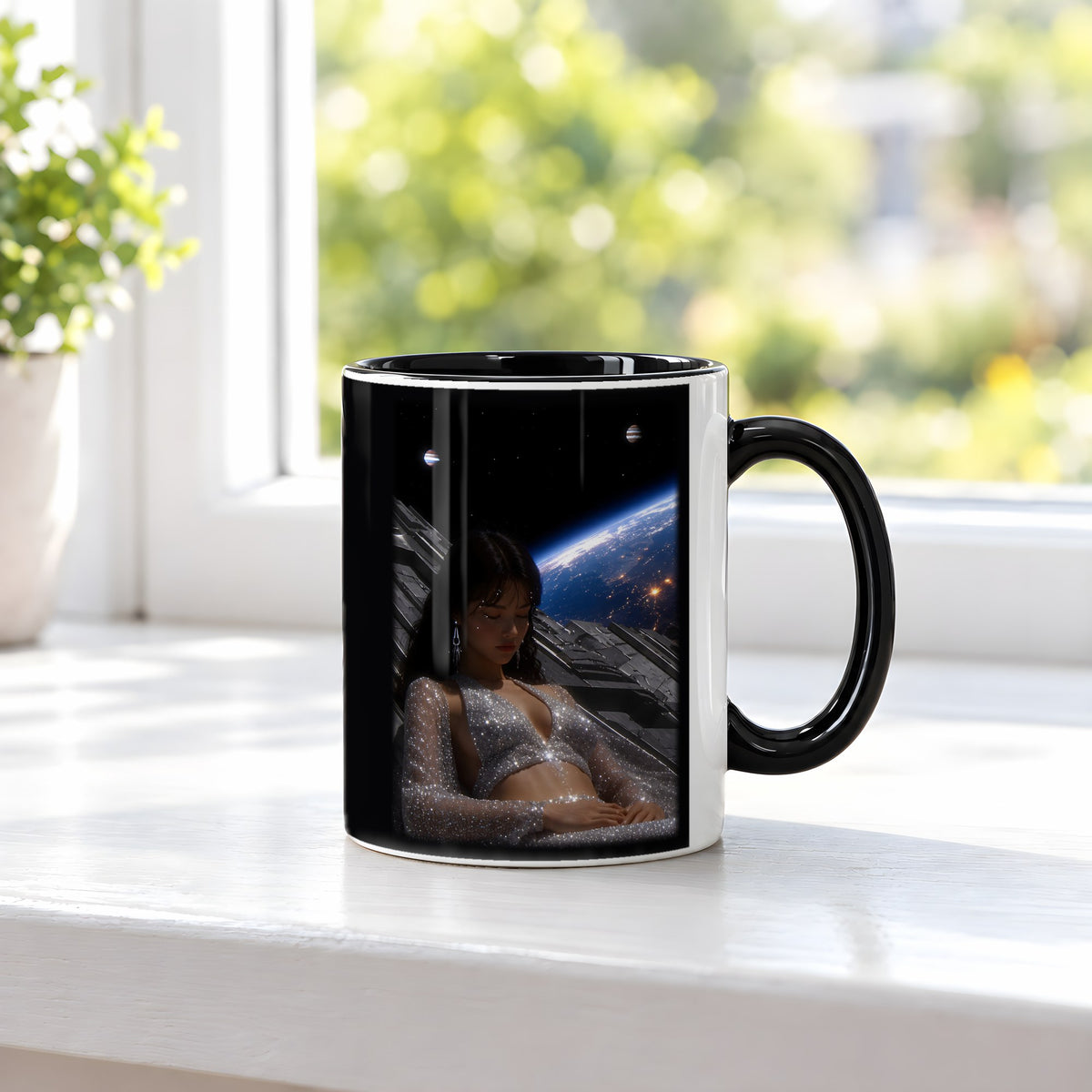 Kosmische Träumerin – Tasse innen schwarz, auf der Fensterbank