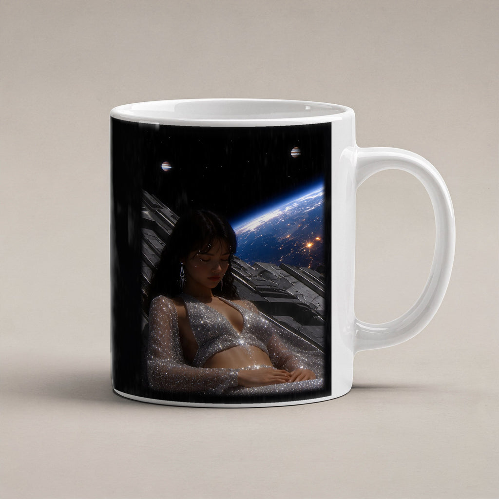 Kosmische Träumerin – weiße Tasse, freigestellt