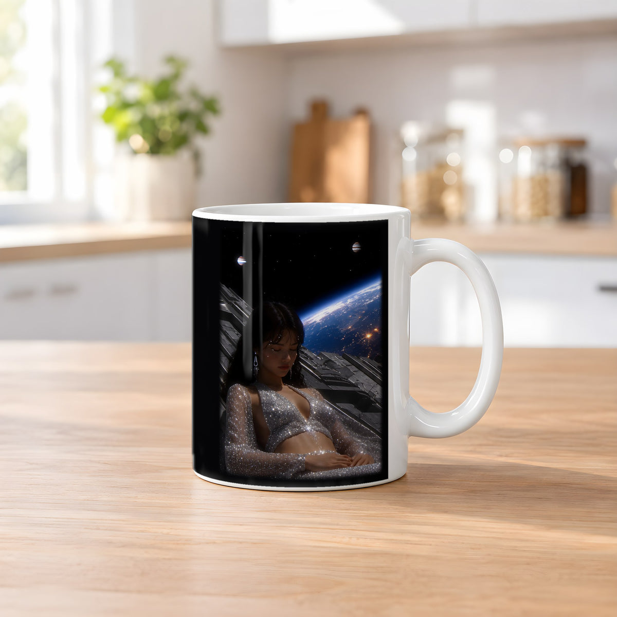 Kosmische Träumerin – weiße Tasse, auf dem Küchentresen