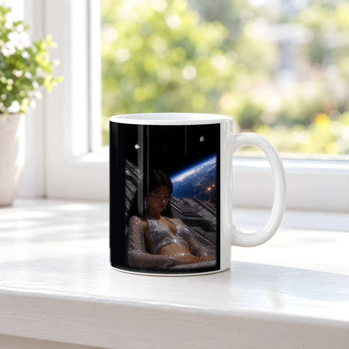 Kosmische Träumerin – weiße Tasse, auf der Fensterbank