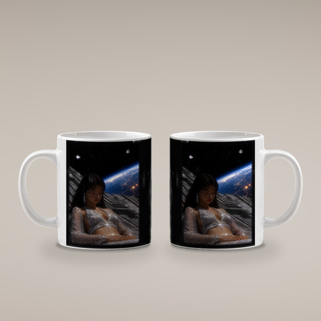 Kosmische Träumerin – weiße Tasse, beide Seiten bedruckt