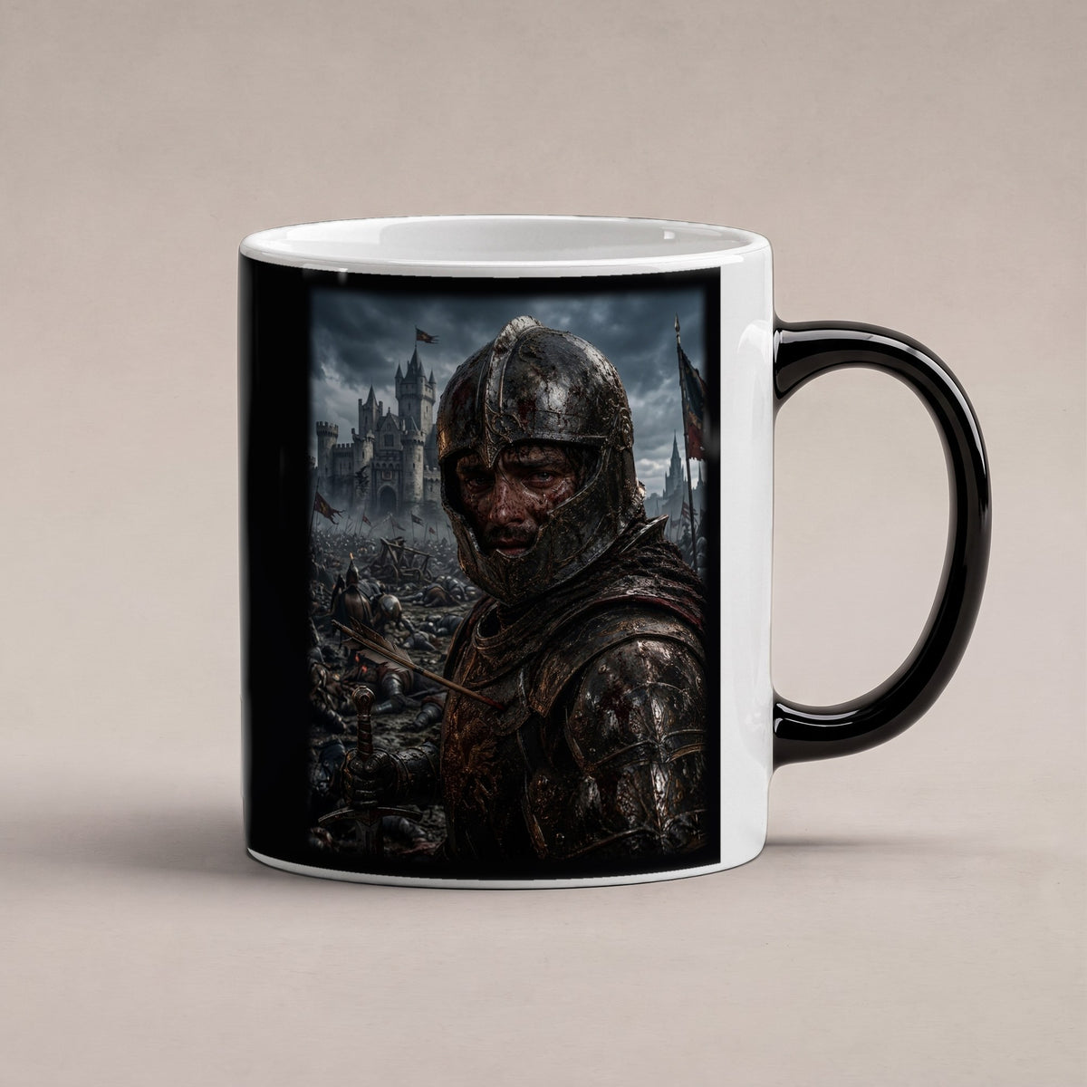Der Krieger von Eisenfeld – Black Edition Zaubertasse mit Motiv (heiß), freigestellt