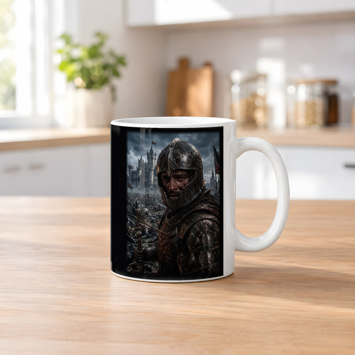 Der Krieger von Eisenfeld – weiße Tasse, auf dem Küchentresen