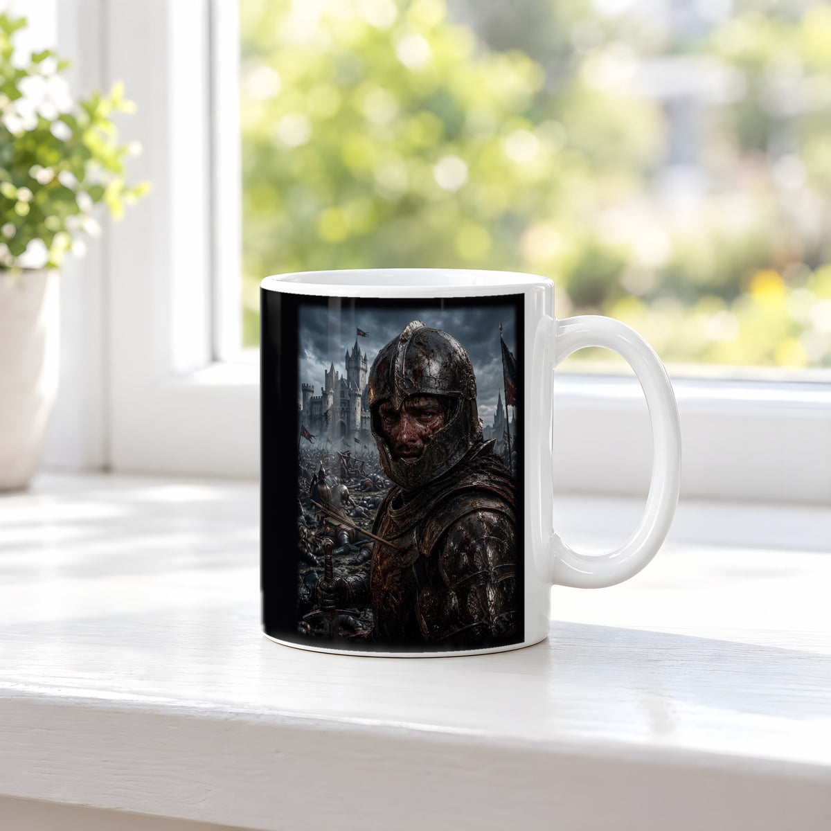 Der Krieger von Eisenfeld – weiße Tasse, auf der Fensterbank