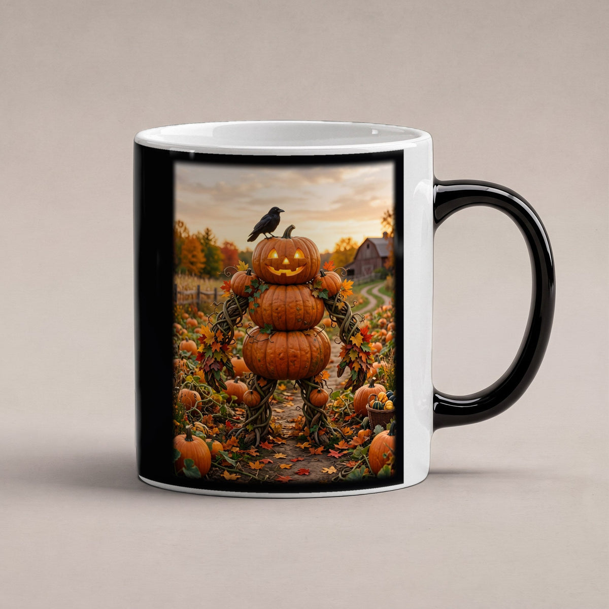 Die Kürbis-Vogelscheuche – Black Edition Zaubertasse mit Motiv (heiß), freigestellt