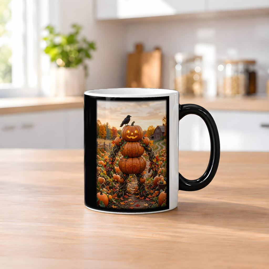 Die Kürbis-Vogelscheuche – Black Edition Zaubertasse mit Motiv (heiß), auf dem Küchentresen