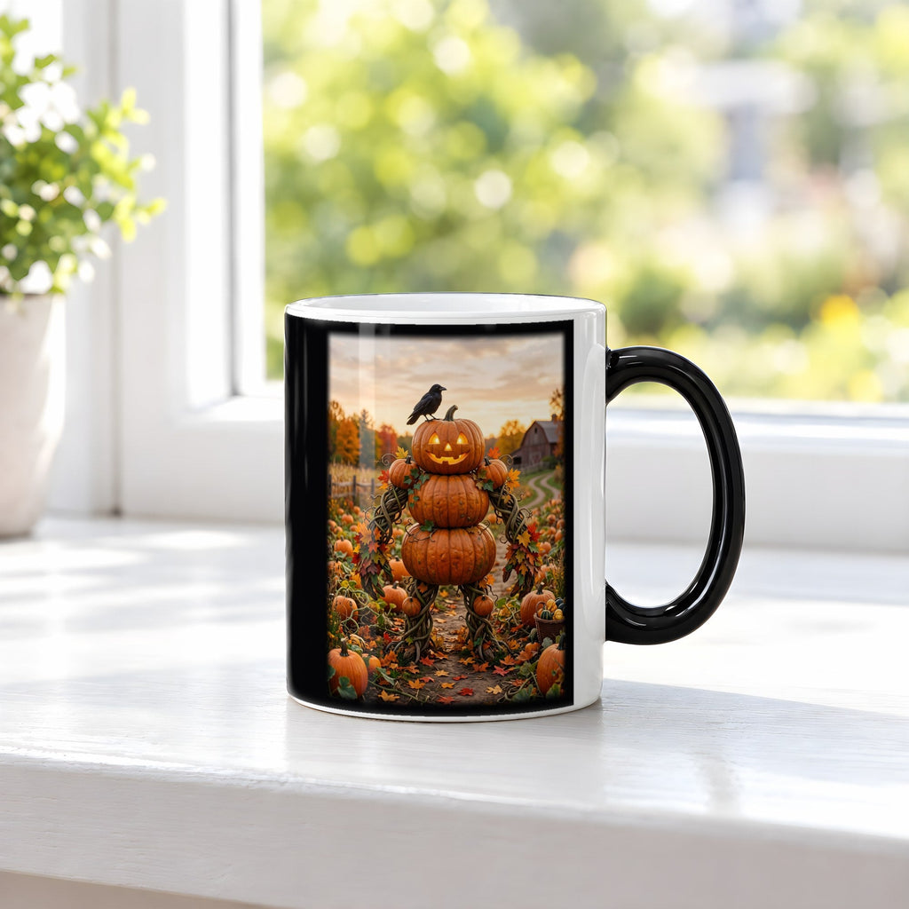 Die Kürbis-Vogelscheuche – Black Edition Zaubertasse mit Motiv (heiß), auf der Fensterbank
