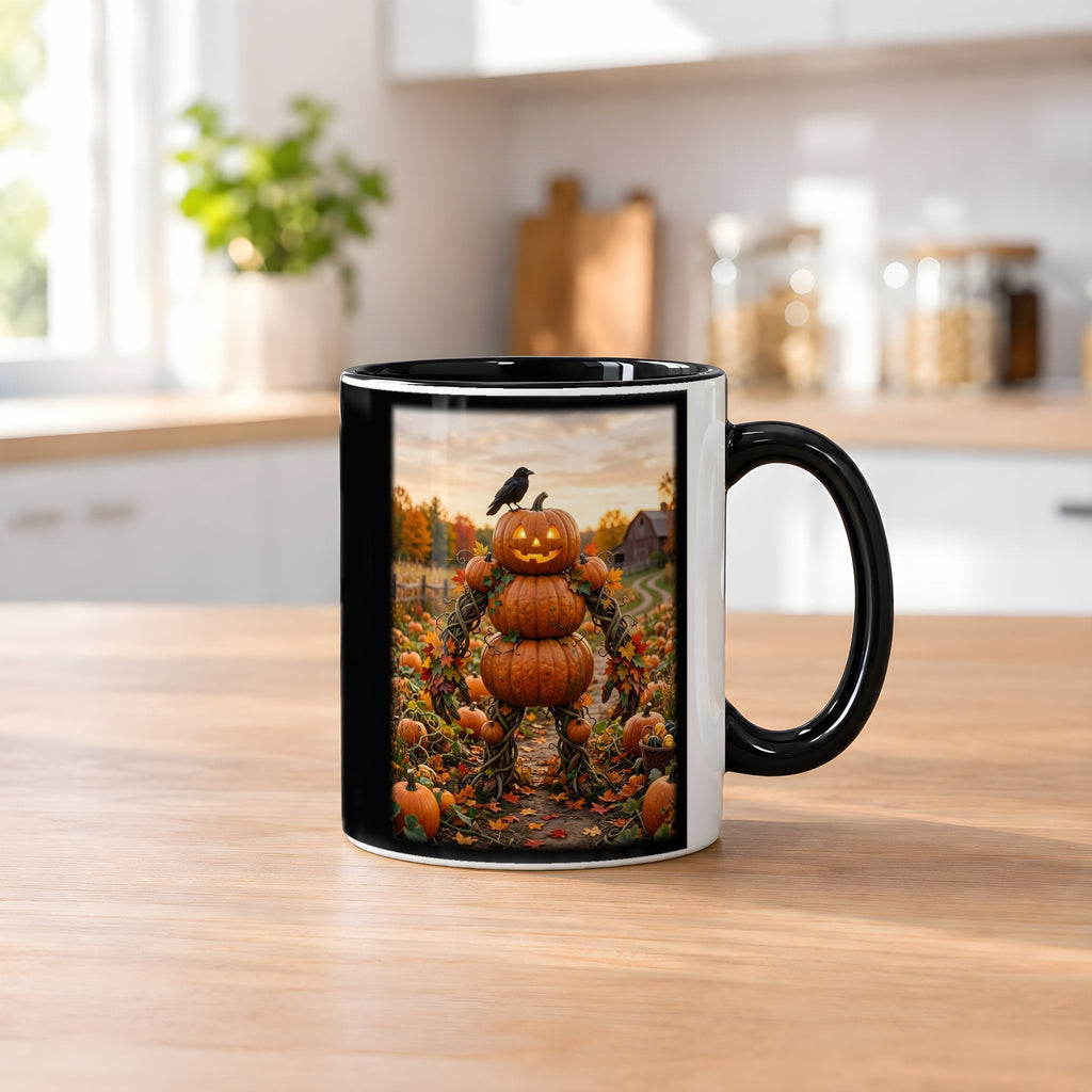 Die Kürbis-Vogelscheuche – Tasse innen schwarz, auf dem Küchentresen
