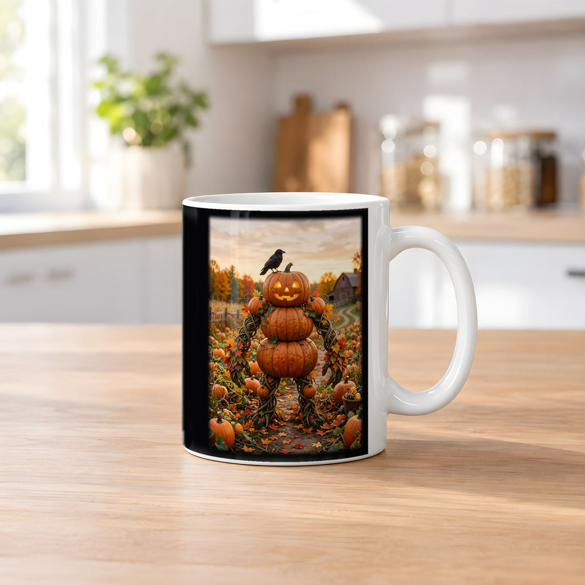 Die Kürbis-Vogelscheuche – weiße Tasse, auf dem Küchentresen