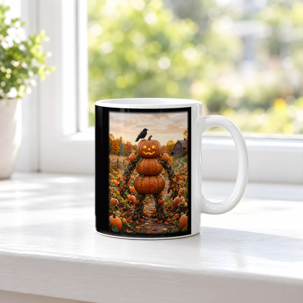 Die Kürbis-Vogelscheuche – weiße Tasse, auf der Fensterbank