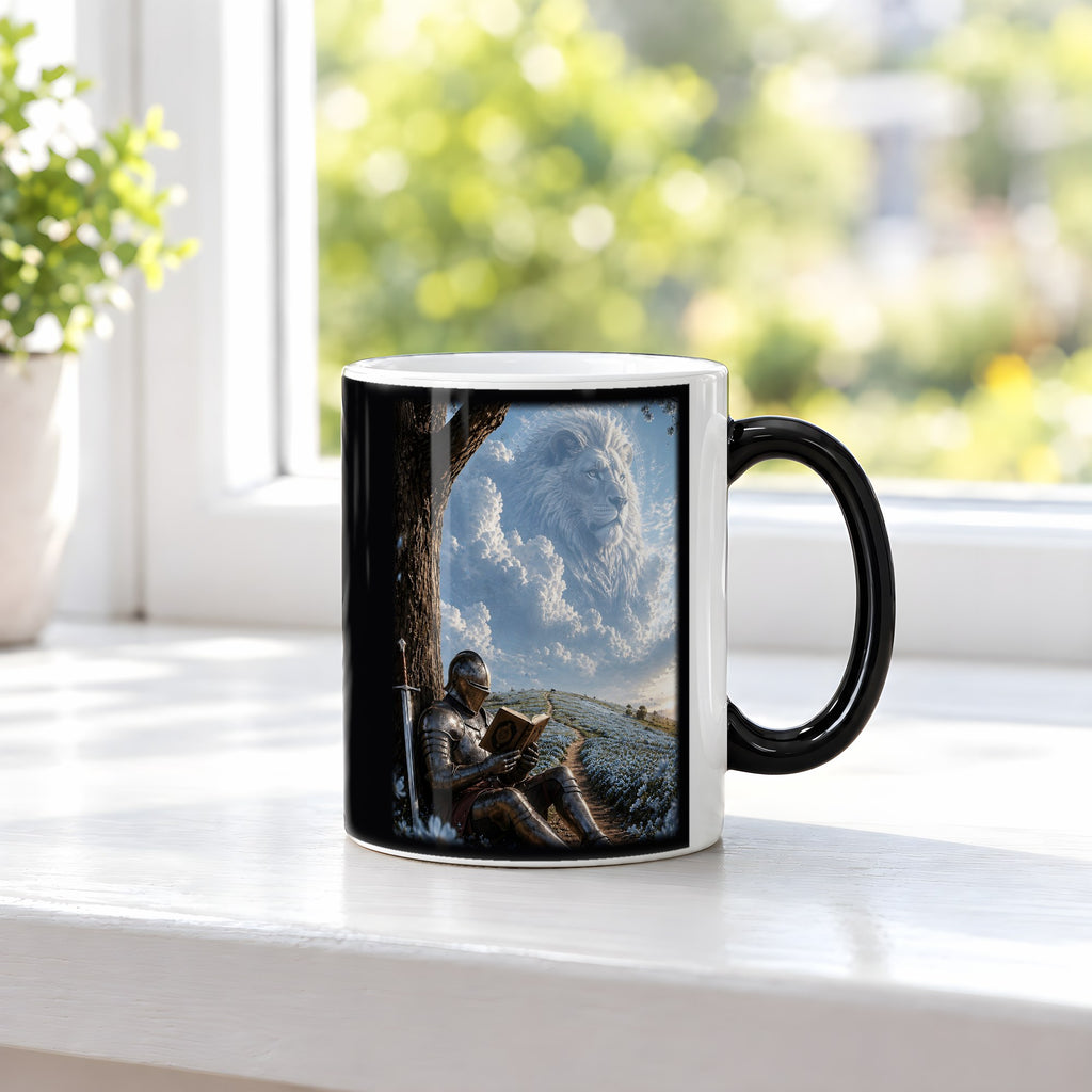 Der Löwe im Himmel – Black Edition Zaubertasse mit Motiv (heiß), auf der Fensterbank