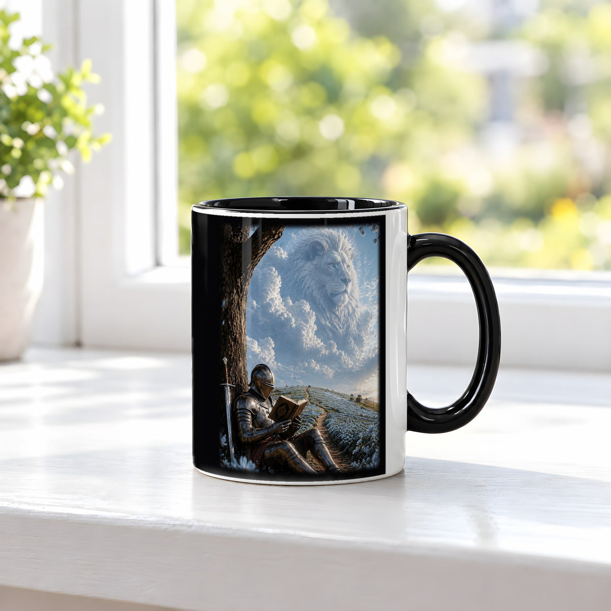 Der Löwe im Himmel – Tasse innen schwarz, auf der Fensterbank