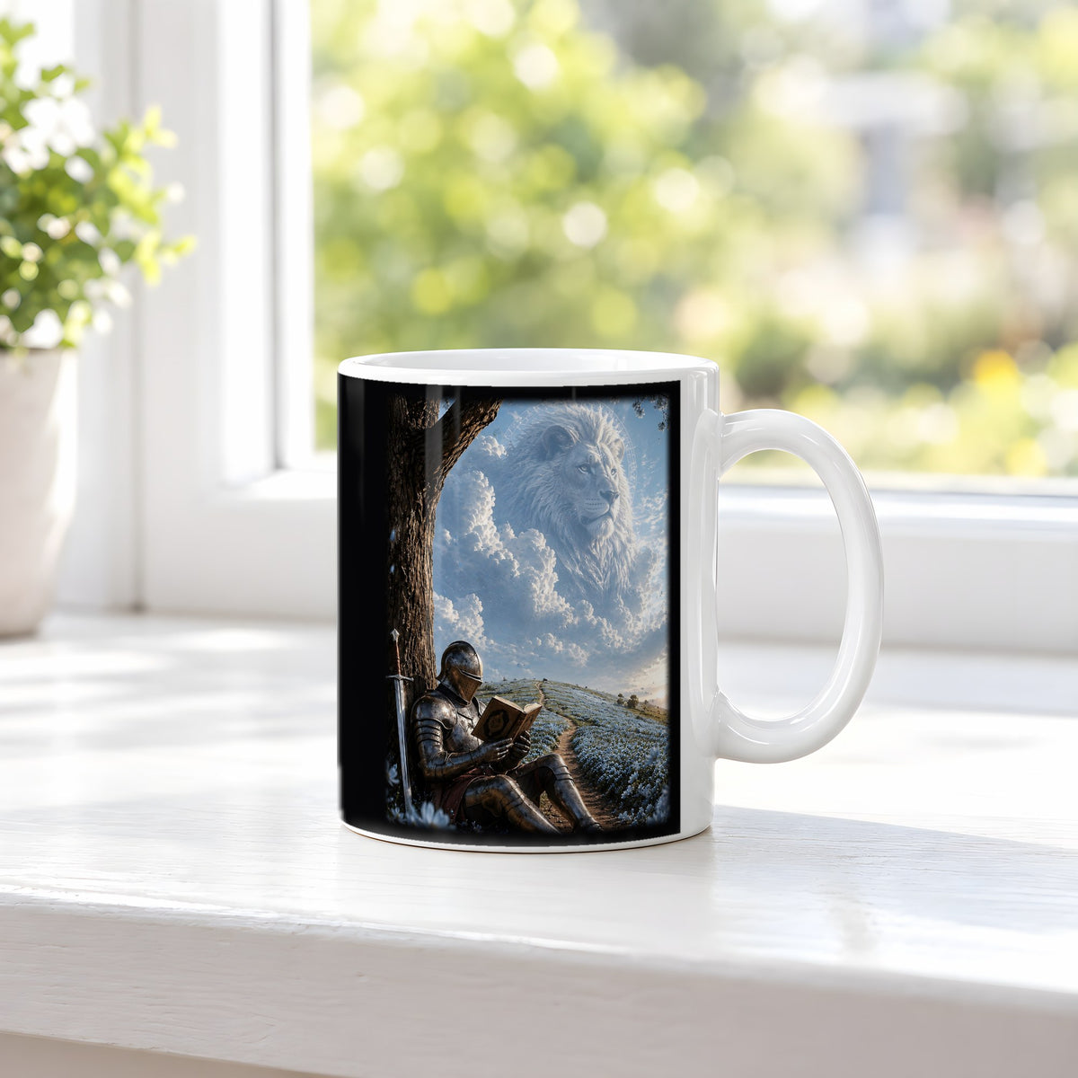 Der Löwe im Himmel – weiße Tasse, auf der Fensterbank
