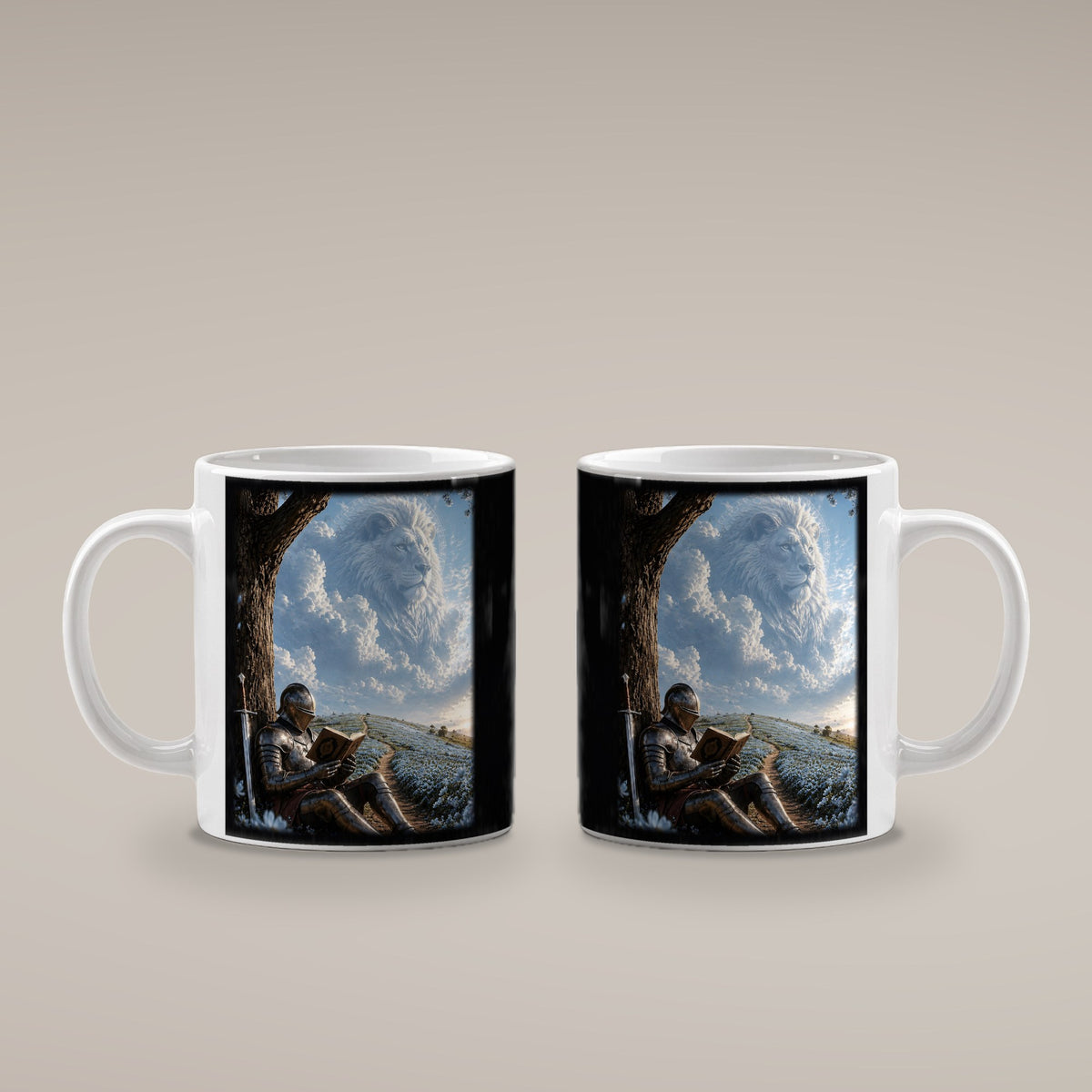 Der Löwe im Himmel – weiße Tasse, beide Seiten bedruckt
