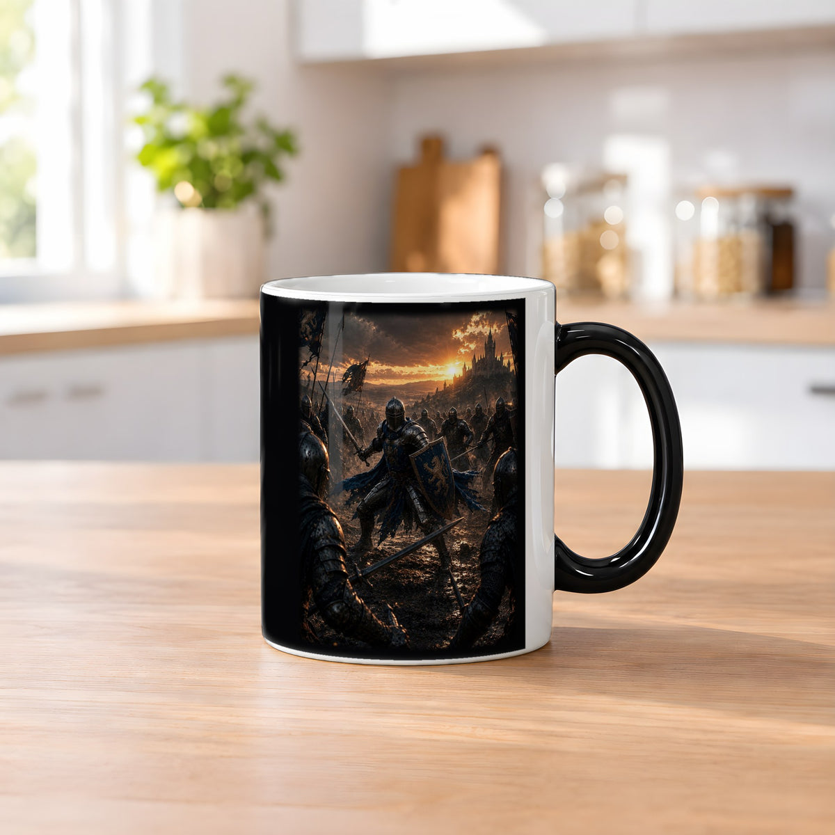 Der letzte Löwe – Black Edition Zaubertasse mit Motiv (heiß), auf dem Küchentresen