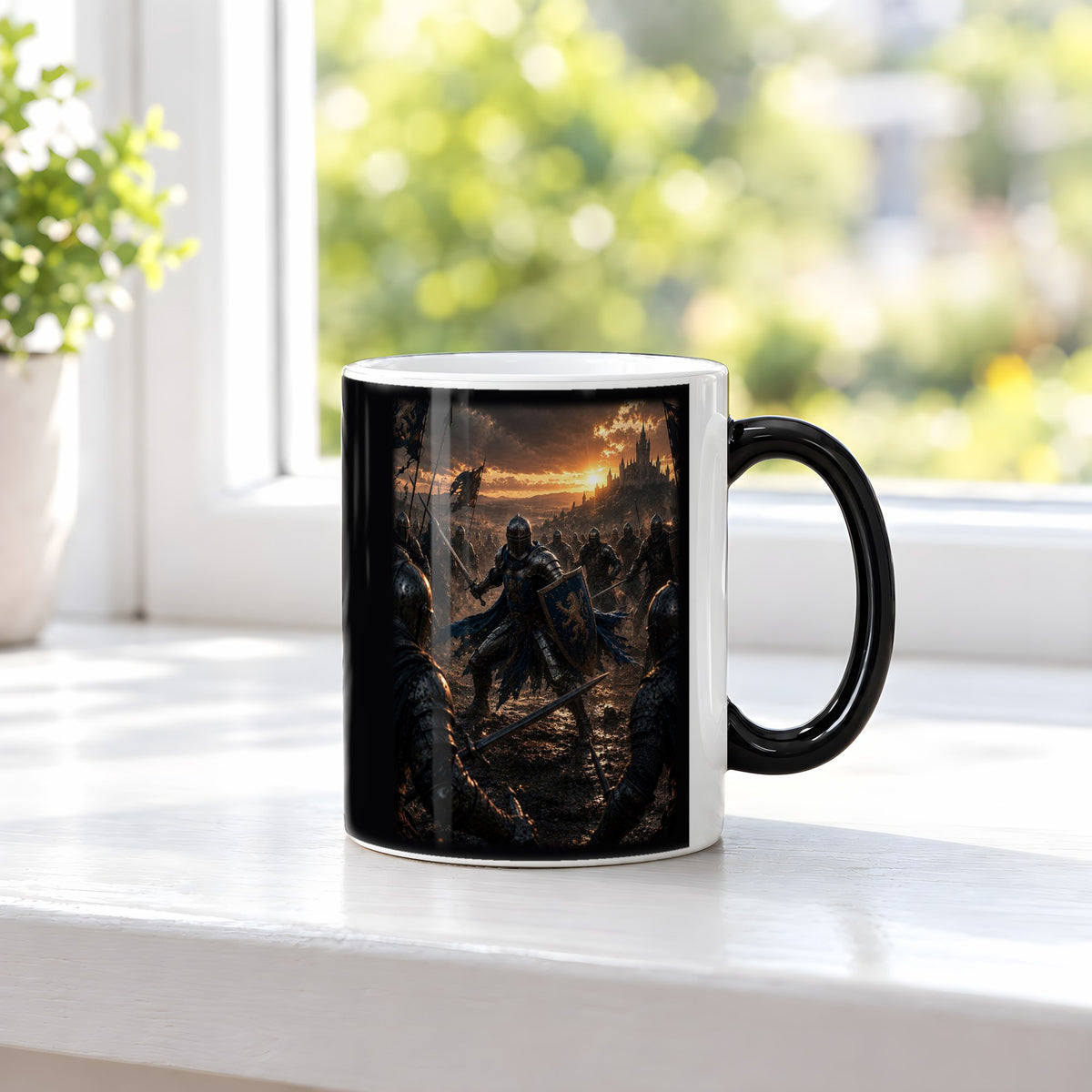 Der letzte Löwe – Black Edition Zaubertasse mit Motiv (heiß), auf der Fensterbank