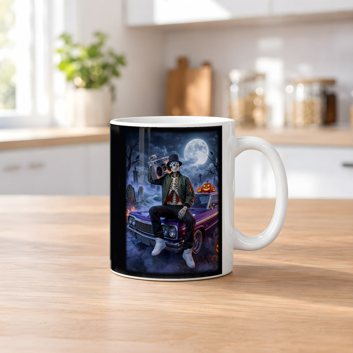 Der Lowrider – weiße Tasse, auf dem Küchentresen