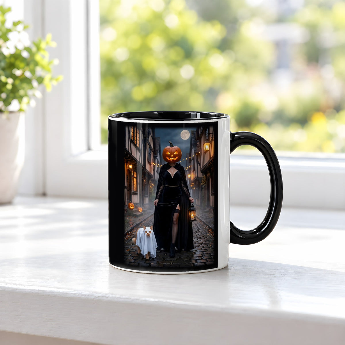 Die Laternenträgerin – Tasse innen schwarz, auf der Fensterbank
